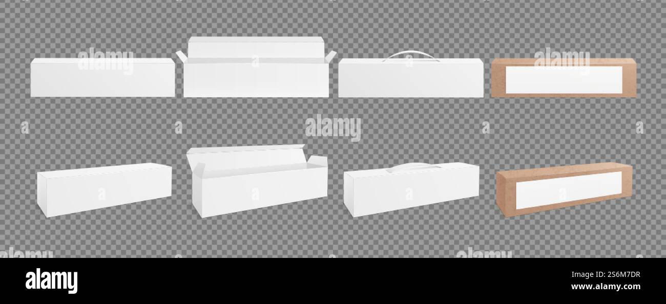 3D-Boxen Modell. Leere Pappe, weiße und handwerklich realistische Verpackung. Isoliert offen, geschlossen und mit Griffvektorgrafik verpacken. Karton, Verpackungsmodell und realistischer Behälter. 3D-Boxen Modell. Leere Pappe, weiße und handwerklich realistische Verpackung. Isoliert offen, geschlossen und mit Griffvektorgrafik verpacken Stock Vektor