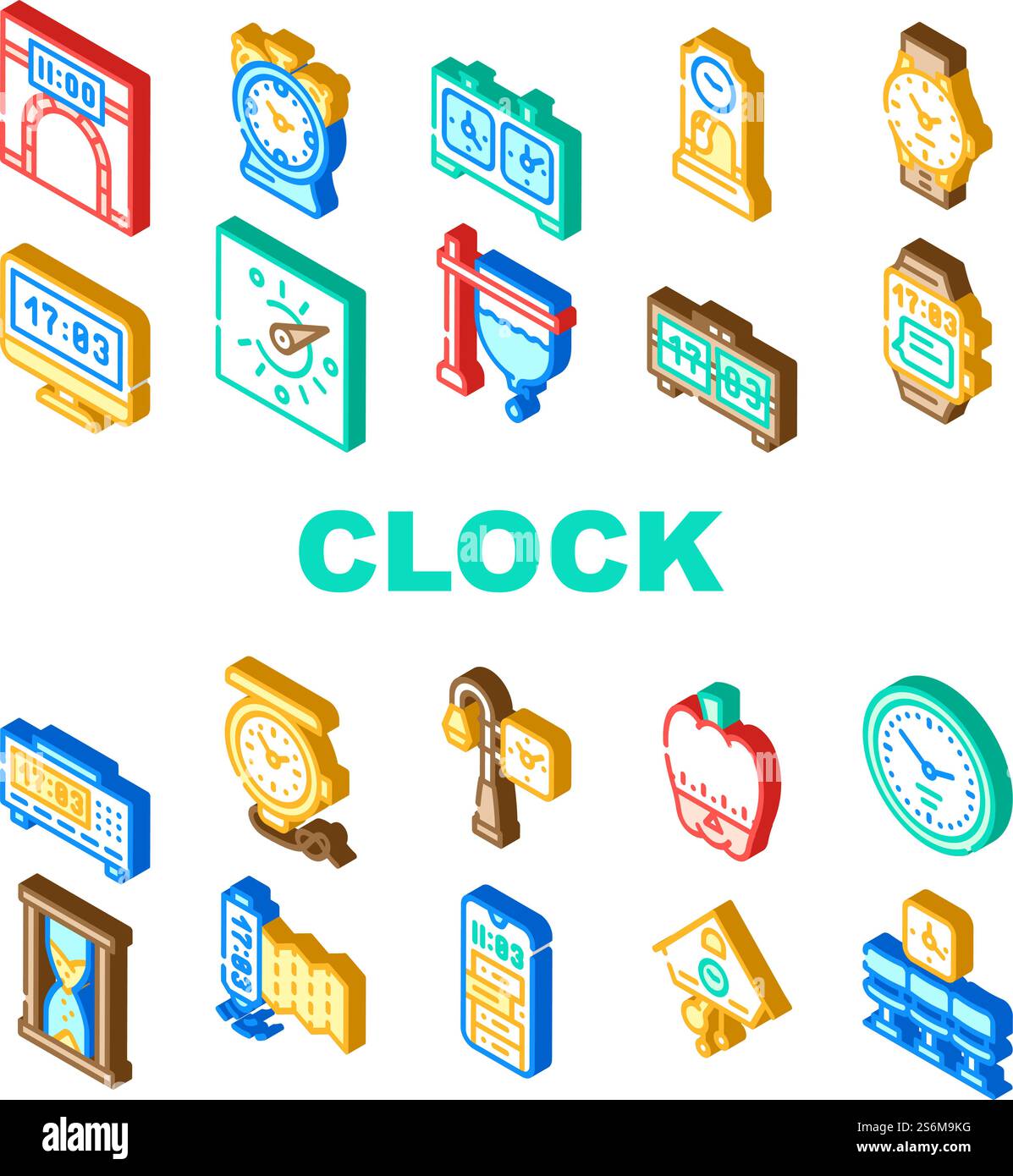 Uhr Und Uhr Zeitgeräte Symbole Set Vektor. Antike Uhr Und Digitales Handhelfer, Schachspielgerät Und Gps-Gerät, Sandy Und Sonnenuhr, Abbildungen In Mechanischer Isometrischer Zeichenfarbe. Uhr Und Uhr Zeitgeräte Symbole Set Vektor Stock Vektor