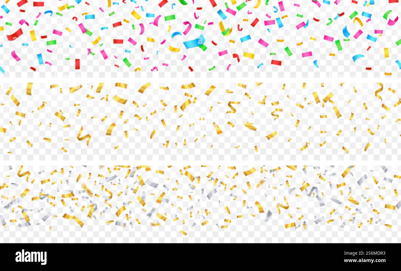 Konfetti-Banner. Gold Silber Bunte fallende Partikel auf Transparent. Festliche Feier, Geburtstag weihnachten Jubiläum Dekorationen Vektor. Dekoration Konfetti zum Geburtstag und Feiertag. Konfetti-Banner. Goldene silberne bunte fallende Partikel auf transparentem Hintergrund. Festliche Feier, Geburtstag weihnachten Jubiläum Dekorationen Vektor Kit Stock Vektor
