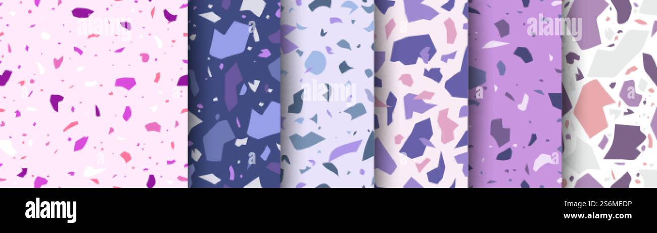 Mediterranes Muster. Nahtlose Texturkollektion aus Terrazzo-Boden in violettem Pink. Vektor-Hintergrundbündel für gebrochene Steinpartikel. Bodenbelag mit Illustrationsmuster farbenfrohes Terrazzo-Keramikgewebe. Mediterranes Muster. Nahtlose Texturkollektion aus Terrazzo-Boden in violettem Pink. Vektor-Hintergrundbündel für gebrochene Steinpartikel Stock Vektor