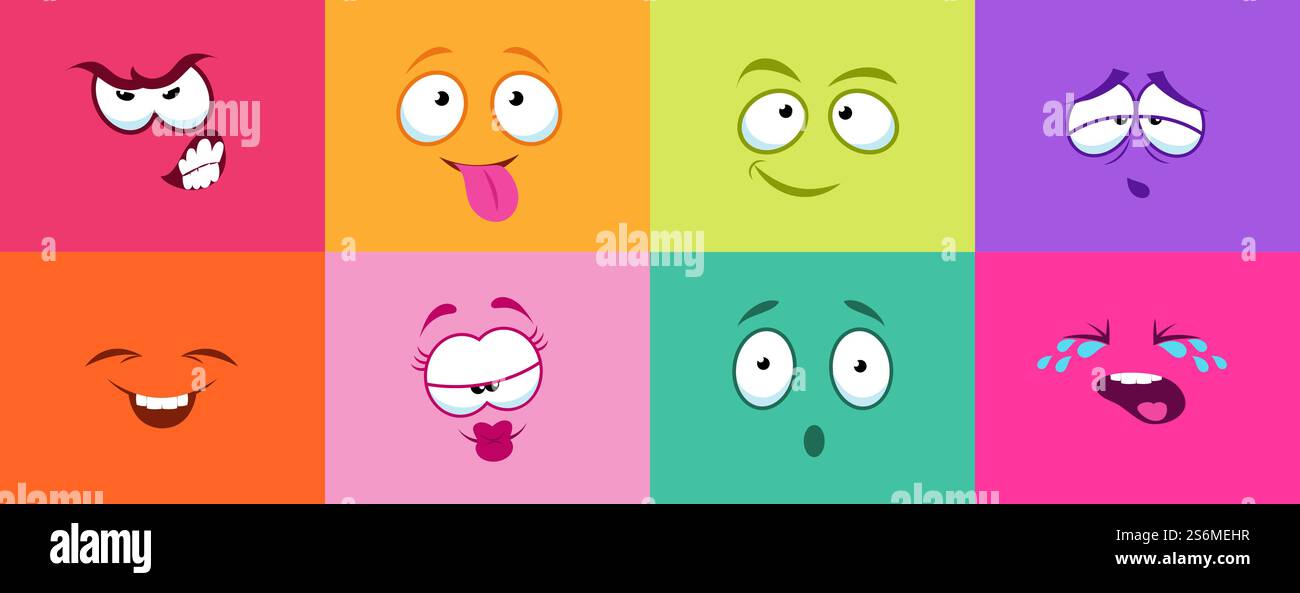 Niedliche Gesichter in Cartoon. Monster Lächeln weint wütend, bunte Karten mit Smiley. Comic-Figuren für Kinder Vektor-Illustration. Charakterausdruck Spaß, Glücksgefühle und Weinen. Niedliche Gesichter in Cartoon. Monster Lächeln weint wütend, bunte Karten mit Smiley. Comic-Figuren für Kinder Vektor-Illustration Stock Vektor