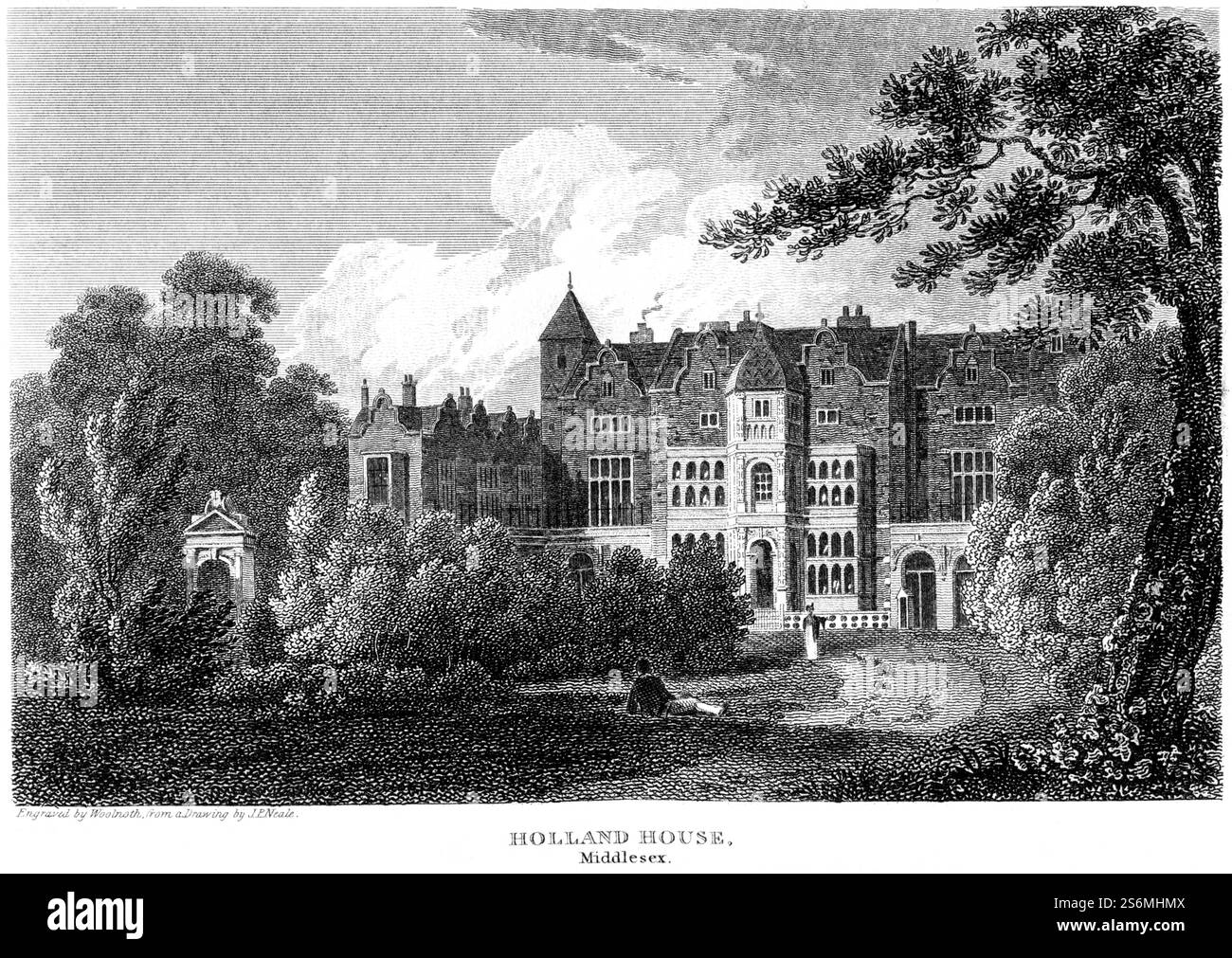 Eine Gravur von Holland House, Middlesex, die mit hoher Auflösung aus einem Buch gescannt wurde, das um 1815 veröffentlicht wurde. Urheberrechtlich geschützt. Stockfoto