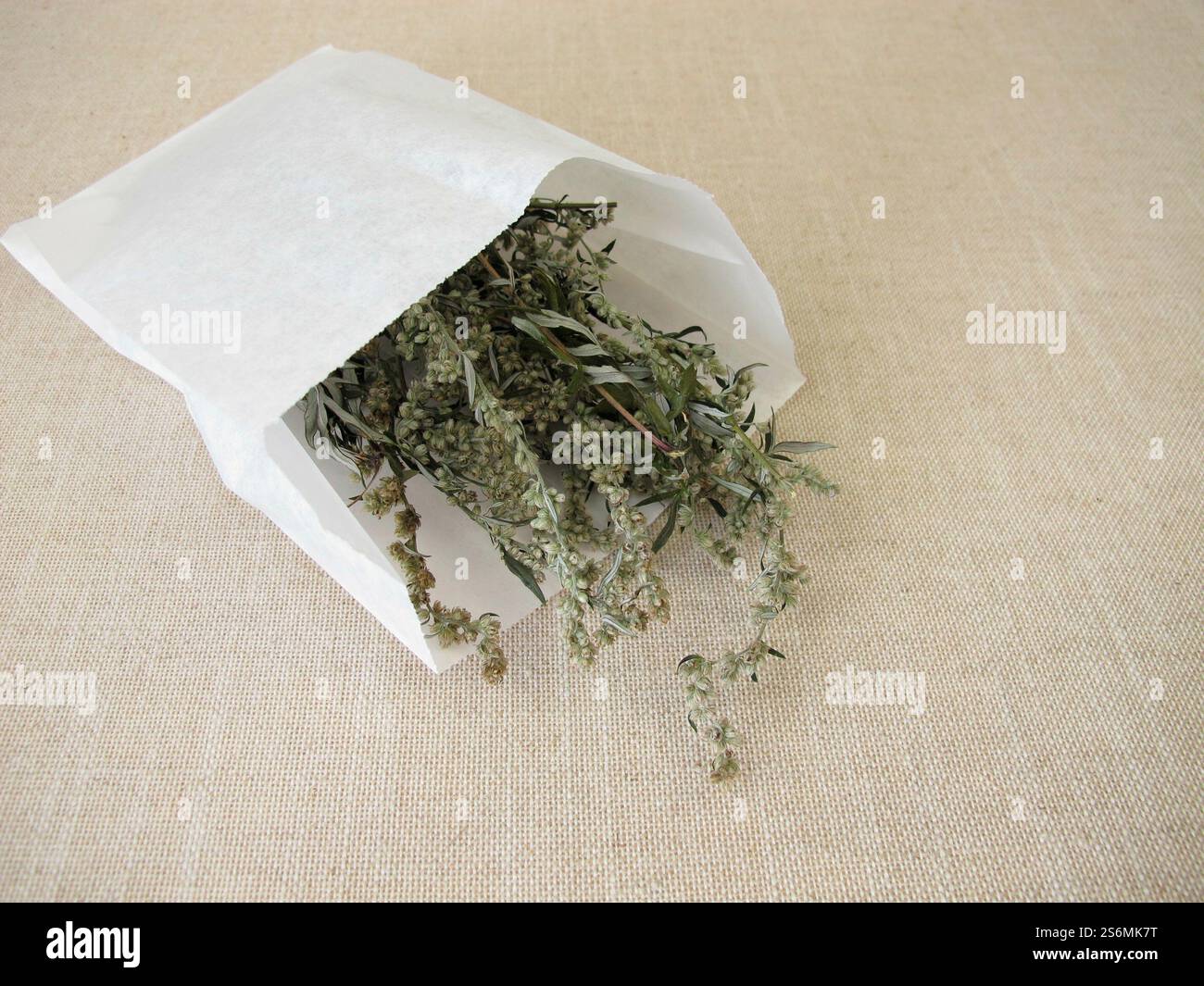 Getrockneter Beifuß und ein weißer Papierbeutel Stockfoto