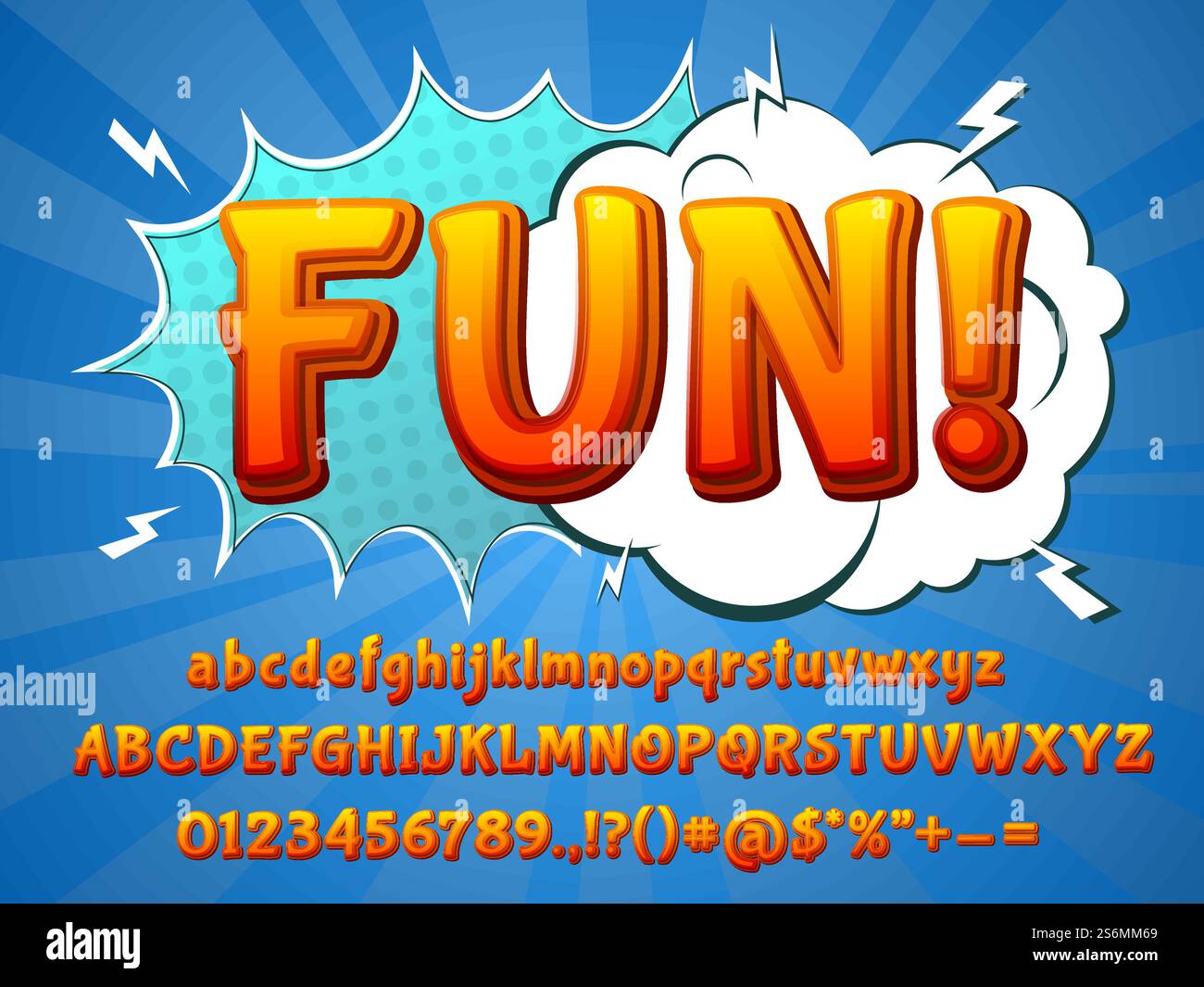 Lustige Comic-Schriftart. Lustige Schriftart, 3D bunte Buchstaben und Comic-Explosion. Kinder Typografie Alphabet neue Zahlen Vektorsammlung. Abbildung abc Schriftart, Überschrift und Graffiti-Typografie. Lustige Comic-Schriftart. Lustige Schriftart, 3D bunte Buchstaben und Comic-Explosion. Kinder Typografie Alphabet neue Zahlen Vektorsammlung Stock Vektor