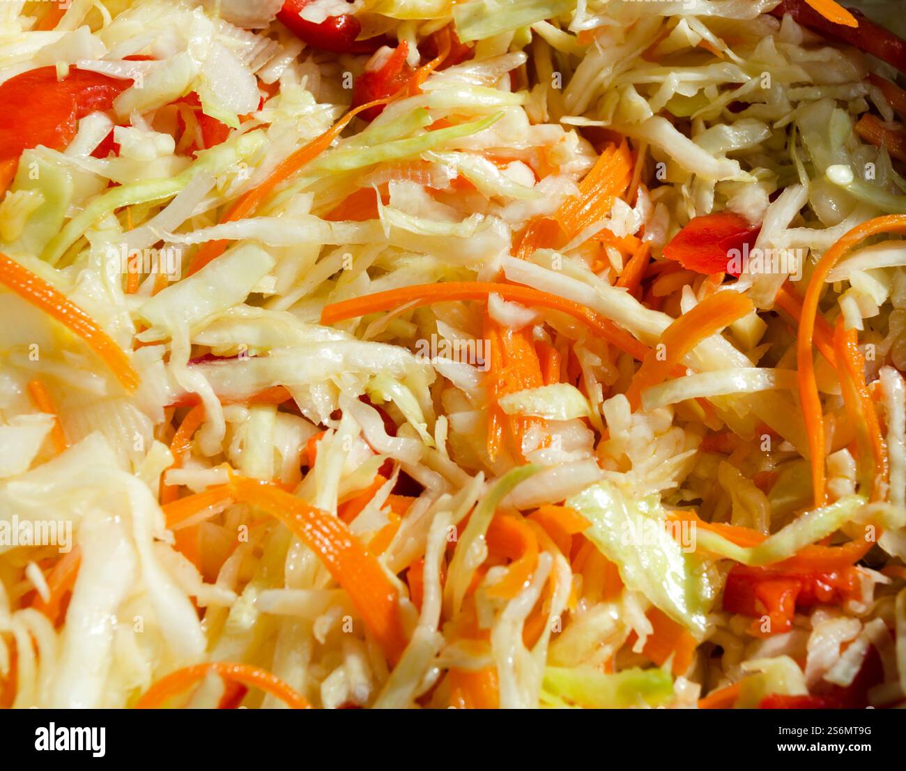 Sauerkraut mit Karotten und Paprika in einem Topf. Herbsternte. Stockfoto