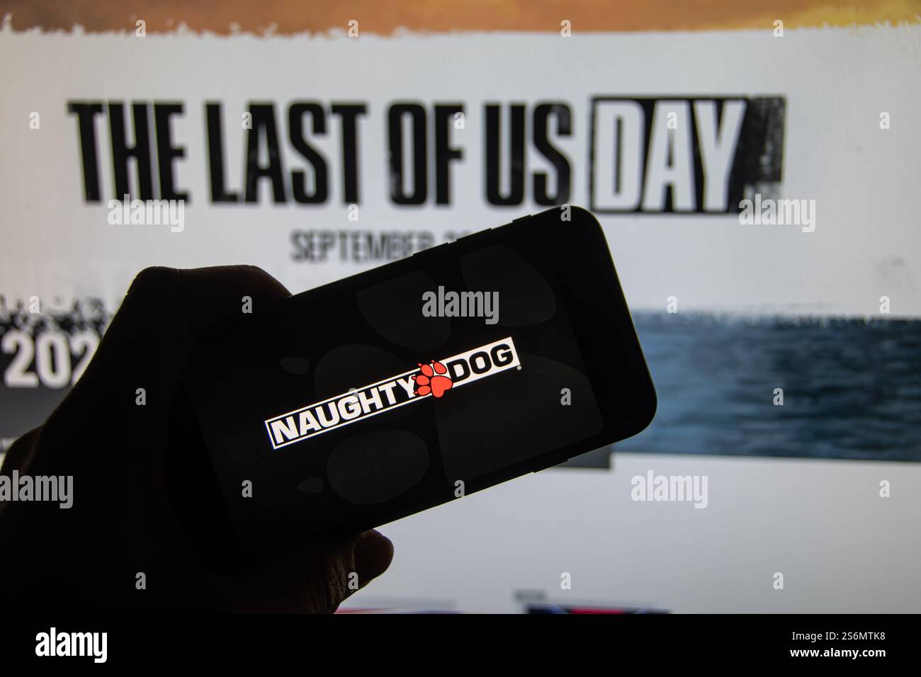 Rheinbach, Deutschland 16. Januar 2025, das Markenlogo des Computerspielentwicklers „Naughty Dog“ auf dem Display eines Smartphones Stockfoto