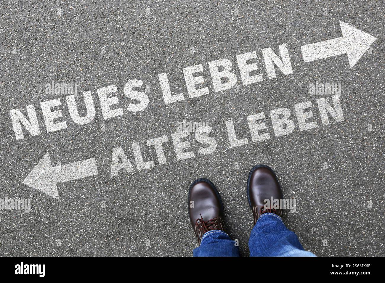 Altes neues Leben Beginn Zukunft vergangene Ziele Erfolg verändern Karriere Stockfoto