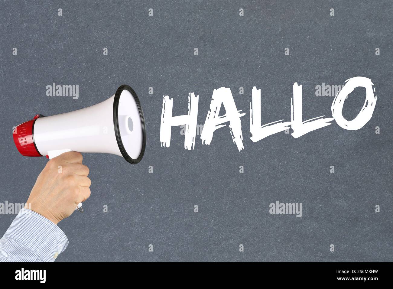 Hallo Guten Tag Gruß Willkommen Hand mit Megaphon Stockfoto