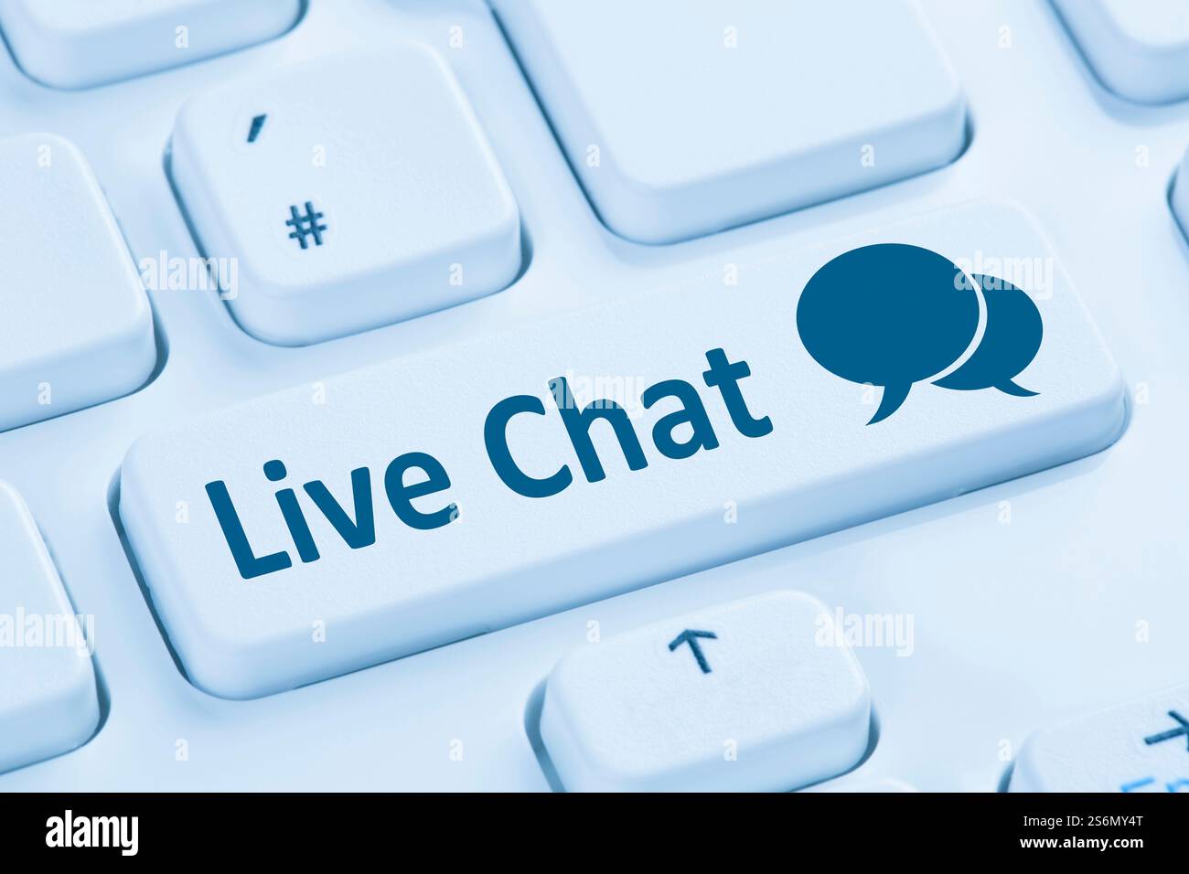 Live-Chat Kontaktkommunikationsdienst Internet-Symbol blaue Computertastatur Stockfoto