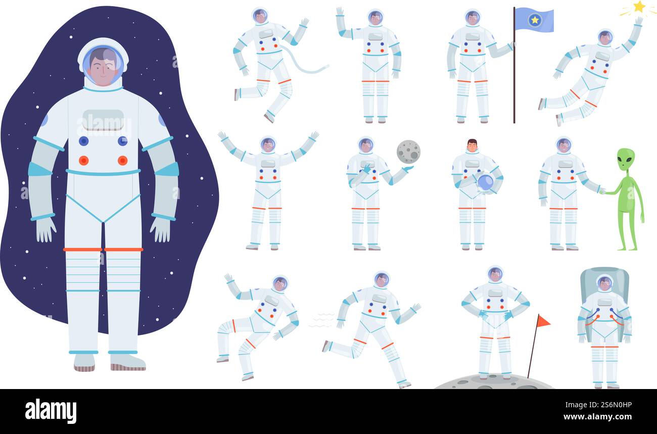 Kosmonautenkostüm. Professionelle Kleidung von Astronautenvektorfiguren in Action-Posen. Astronaut oder Kosmonaut im Anzug, Kostüm-Raumfahrer professionelle Illustration. Kosmonautenkostüm. Professionelle Kleidung von Astronautenvektorfiguren in Action-Posen Stock Vektor