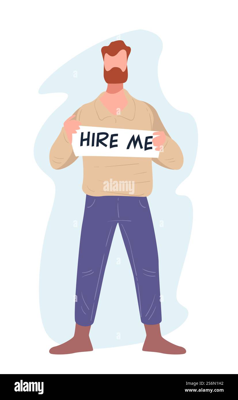 Männlicher Charakter sucht Job, arbeitsloser Mann, der einen Tisch zeigt, stellt mich ein. Kandidat für Arbeit auf der Suche nach einer offenen Stelle in Unternehmen. Entlassene oder entlassene Persönlichkeit, Arbeitslosenproblem-Vektor in flacher Form. Ein arbeitsloser Mann mit Schild stellt mich auf der Suche nach einem Job ein Stock Vektor