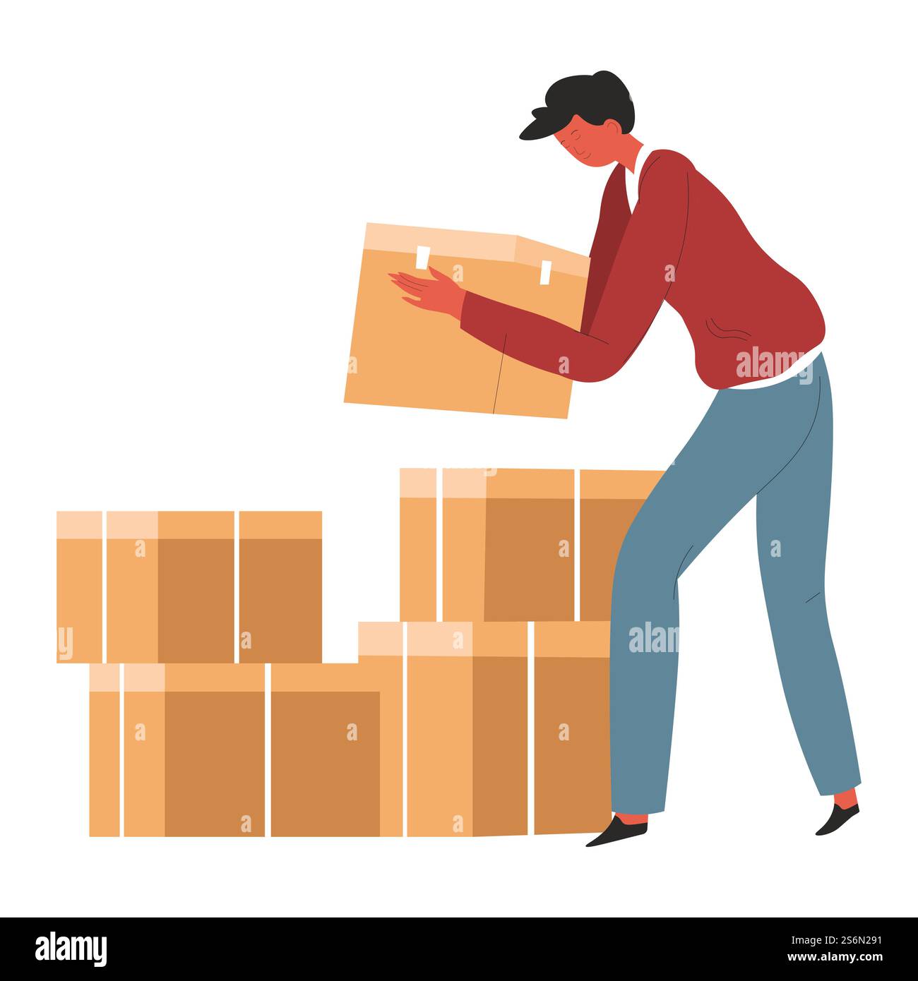 Lagerhaus mit Papppaketen, versiegelten Kartons, die in Stapeln gelagert werden. Entbindungsmann, Freiwilliger oder Philanthrop mit humanitärer Hilfe. Versand und Transport von Aufträgen gut, Vektor in flacher Form. Mann mit Pappkartons, humanitärer Hilfe oder Lagerhaus Stock Vektor
