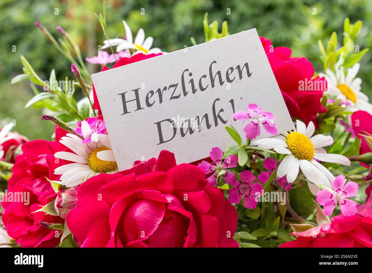 Sommerblumen und Karte mit deutschem Text: Vielen Dank Stockfoto