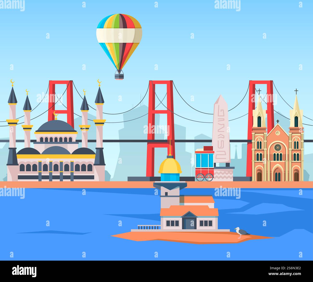Landschaft der Türkei. Alte traditionelle Wahrzeichen muslimische Moschee und Skylines istanbul Straße Vektor Hintergrund in flachem Stil. Truthahngebäude, Wahrzeichen istanbul mit Moschee und Brückenillustration. Landschaft der Türkei. Alte traditionelle Wahrzeichen muslimische Moschee und Skylines istanbul Straße Vektor Hintergrund in flachem Stil Stock Vektor
