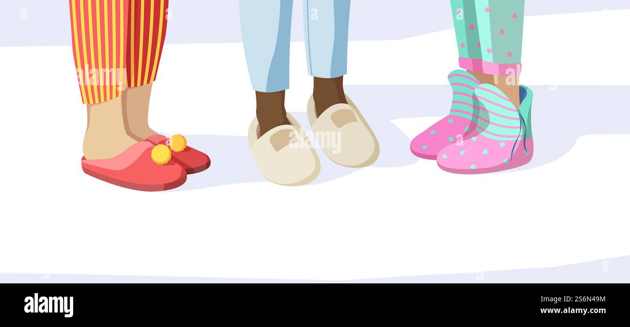 Beine in Hausschuhen. Pyjama Party Konzept Kinder in Nachtkleidung Textil weiche Sandalen Vektorbilder Set. Bequeme Mädchenbekleidung, Schuhe und Hausschuhe für Pyjama-Party-Illustration. Beine in Hausschuhen. Pyjama Party Konzept Kinder in Nachtkleidung Textil weiche Sandalen Vektorbilder Set Stock Vektor