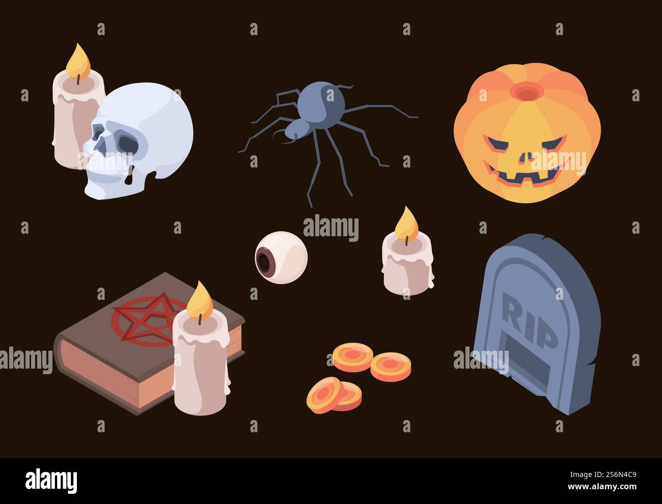 Halloween-Kollektion. Horror Gruselsymbole Schädelknochen Friedhof Grabmal Geister Vektor isometrische Set-Artikel für Herbstfeiern. Halloween gruseliger Grabstein, bunte Elemente Illustration. Halloween-Kollektion. Horror Gruselsymbole Schädelknochen Friedhof Grabmal Geister Vektor isometrische Set-Artikel für Herbstfeiern Stock Vektor
