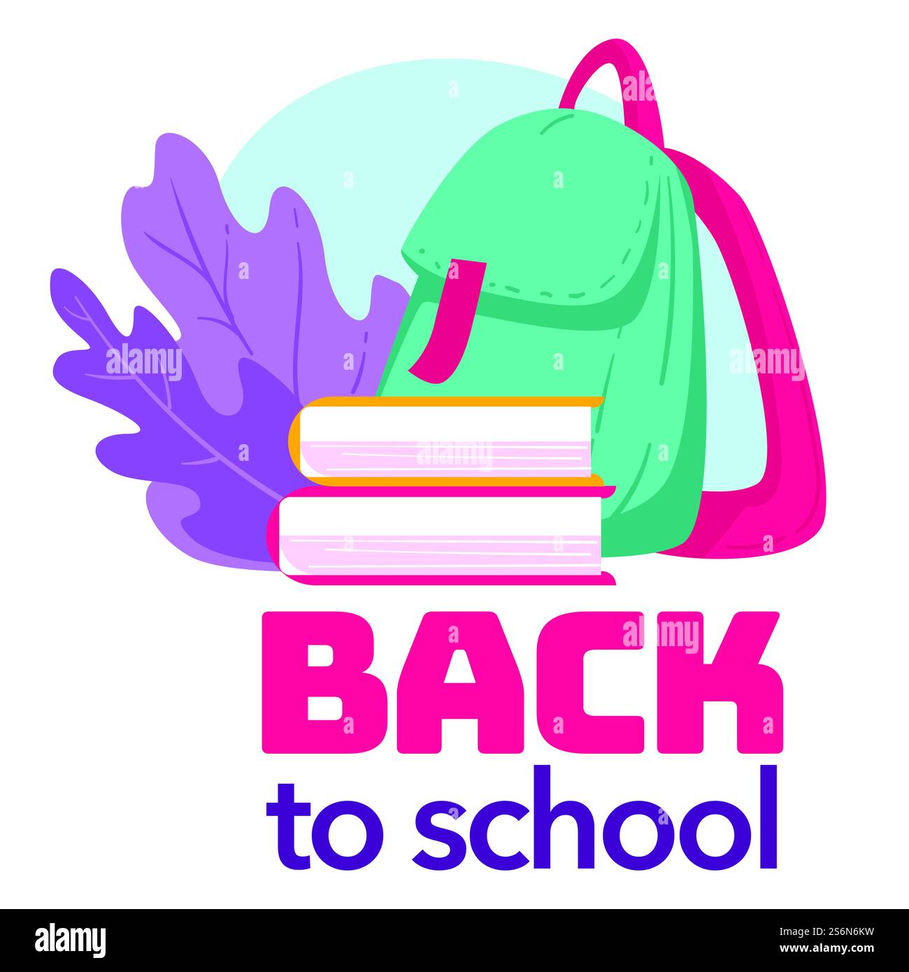 Feier des ersten Schultages, Begrüßung im september mit dem neuen akademischen Jahr. Schultasche mit Büchern und dekorativem Laub, Schulbücher und Rucksack mit Unterrichtsmaterialien, Vektor in flacher Form. Zurück zur Schule, Schulranzen mit Büchern und dekorativer Flora Stock Vektor