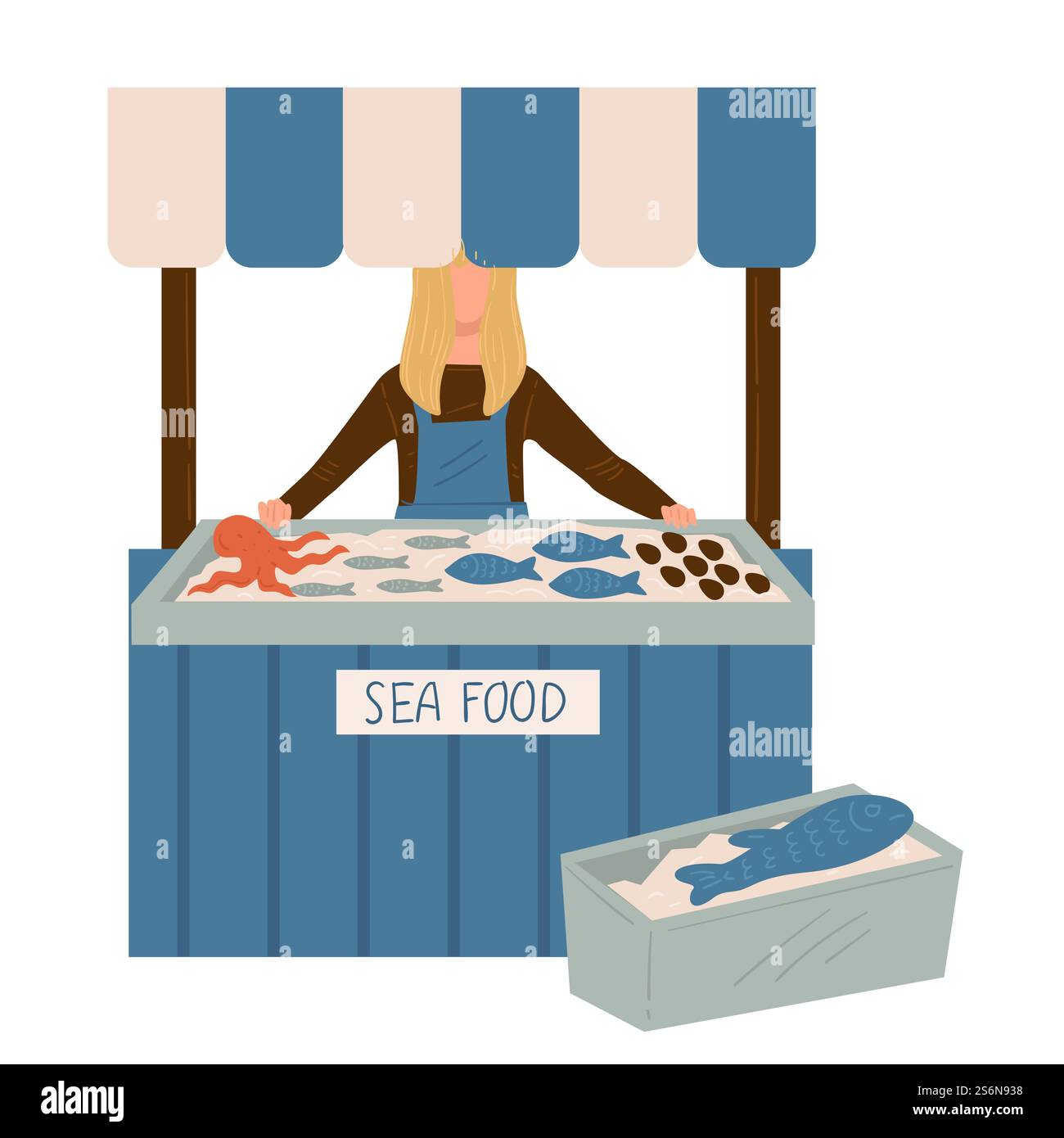 Weibliche Figur, die Meeresfrüchte verkauft, isolierter Stand mit frischer Produktion. Gesunde Ernährung und Ernährung, mediterrane Delikatesse. Rohzutaten für Gerichte. Hummer und Fisch, Vektor in flacher Form. Seefleischmarkt, Verkäufer mit Produktion am Stand Stock Vektor