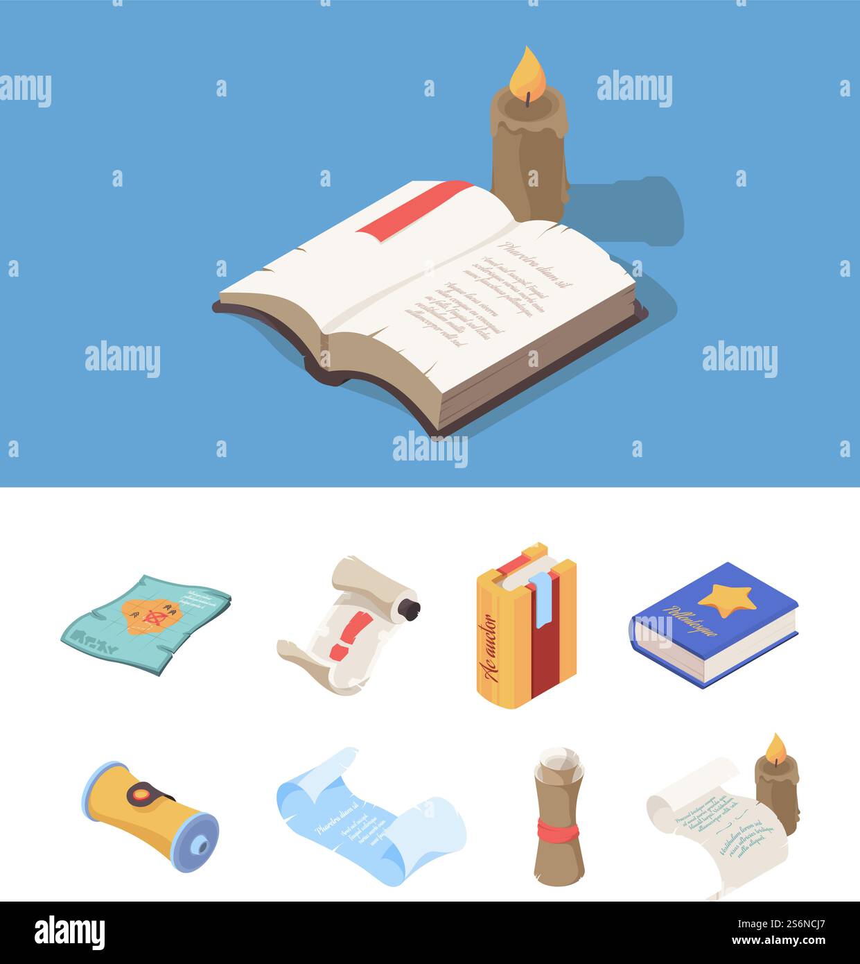 Vintage-Bücher isometrisch. Fantasy Magic Papers Märchenbücher für Computerspiel mittelalterliche Karten Vektor Set. Illustrationspergament oder Papyrus, Buch und Dokument. Vintage-Bücher isometrisch. Fantasy Magic Papers Märchenbücher für Computerspiel mittelalterliche Karten Vektor Set Stock Vektor