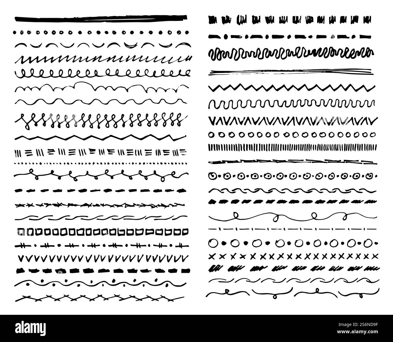 Handgezeichnete dekorative Linien, abstrakte Formen und Kurven zur Dekoration. Skizzenhaftes Design und Zickzack, welliger Holzkohlezug für die Einrichtung. Kritzeleien und Kritzeleien mit Bleistift, Vektor in flachem Stil. Kritzeleien und Kritzeleien, abstrakte dekorative Linien, handgezeichnet Stock Vektor