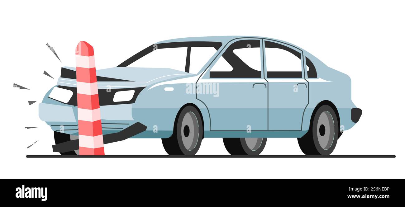 Autokollision mit Straßenbegrenzer, Verkehrsunfall und Panne des Autos. Zertrümmerte und verformte Stoßstange des Fahrzeugs. Zerquetschter Teil des Transports, beschädigtes Auto, Katastrophe auf Autobahnvektor in Wohnung. Verkehrsunfall bei Kfz-Kollision mit Straßenbegrenzer Stock Vektor