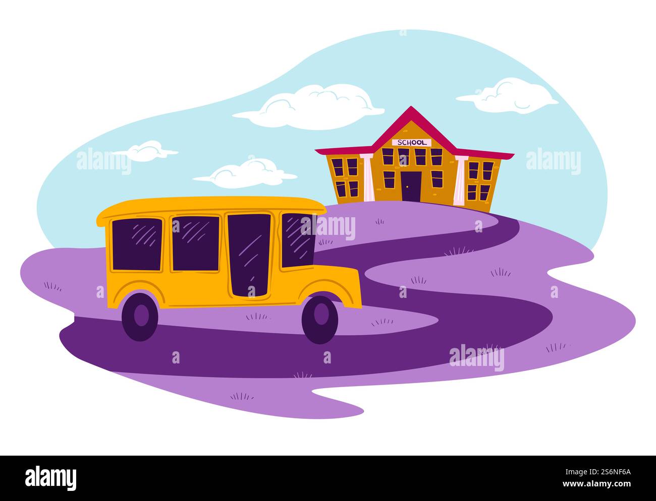 Bildungseinrichtung und Schulbus auf dem Weg. Das Auto fährt Schüler und Schüler zu Unterricht und Unterricht. Am Vormittag Roadtrip zur Universität oder Hochschule, Transport von Kindervektoren in flachem Stil. Schulbus, der den Weg zum Vektor hinunterfährt Stock Vektor