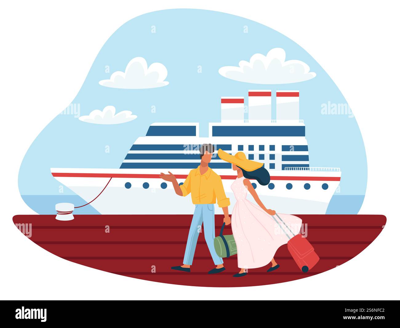 Ein paar, das auf einem Holzsteg vorbeiläuft, vorbei an einem großen Passagierschiff. Mann und Frau mit Gepäck, die sich auf das Boarding vorbereiten. Männer und Frauen verbringen Sommerferien auf Kreuzfahrtschiff. Vektor in abgewickelter Form. Mann und Frau bereiten sich auf das Boarding vor Stock Vektor