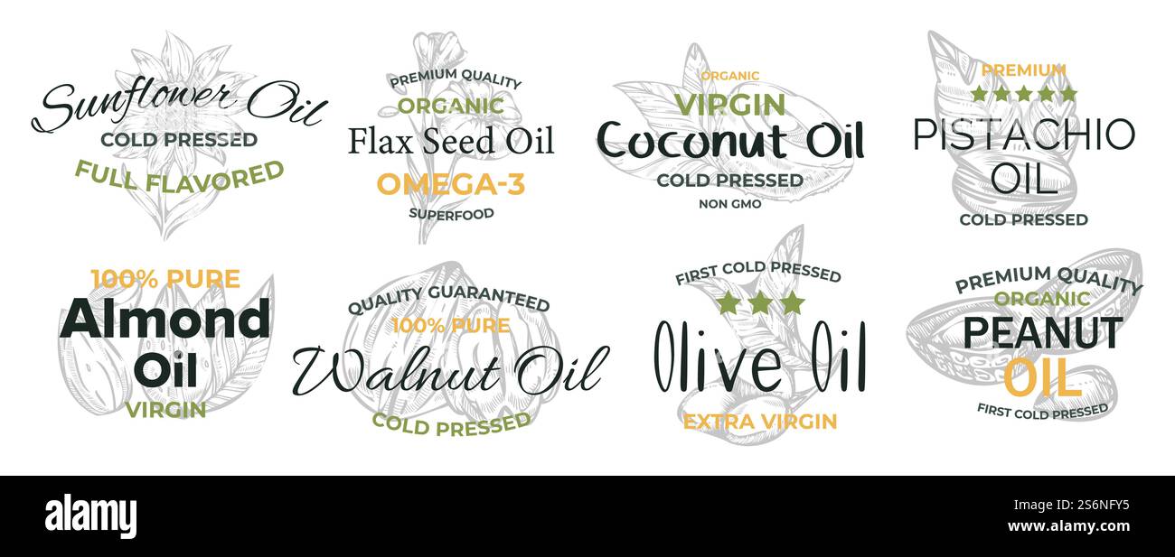 Kreativer Aufkleber mit Aufschrift für den Ölverkauf, Set. Vektorabbildungen werden von Hand gezeichnet. Modisches Superfood-Label. Hochwertige Vintage-Ölaufkleber-Kollektion. Elemente für Designlabel. Kreativer Aufkleber mit Aufschrift für den Ölverkauf Stock Vektor