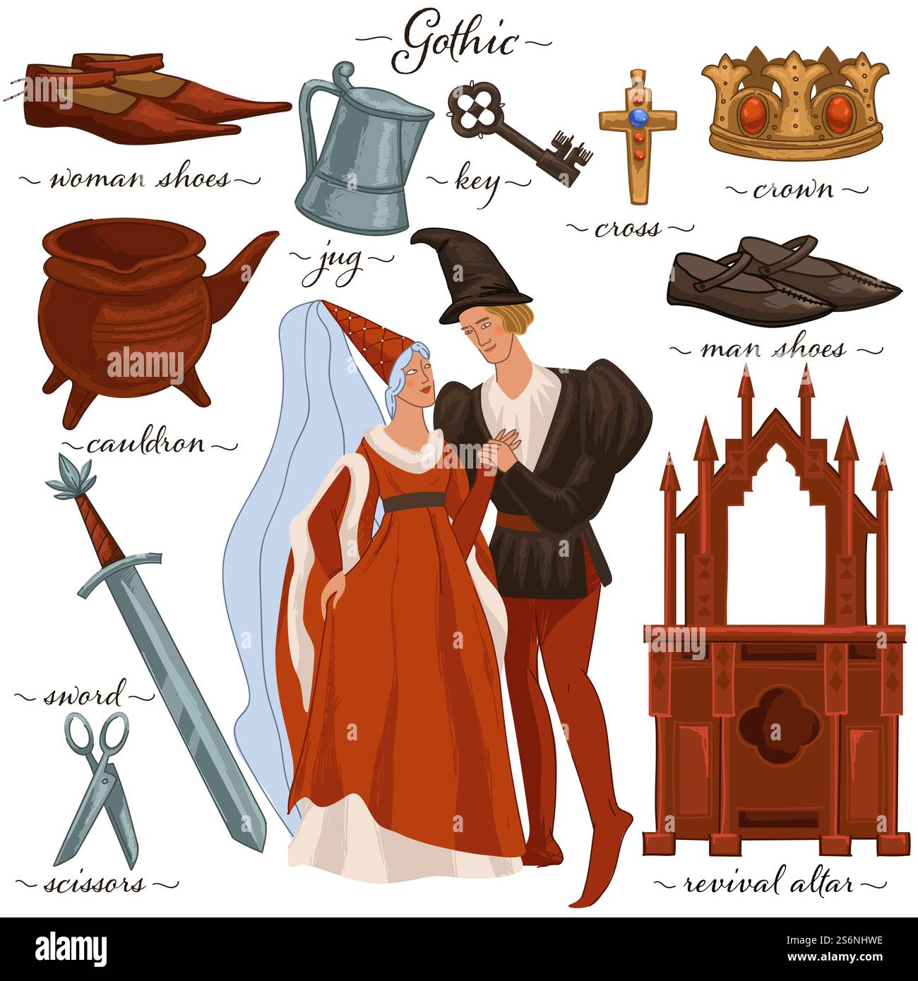 Mittelalterliche Kultur, gotisches Paar in traditioneller Kleidung. Isolierte Männer und Frauen, Kessel und Krone, Schlüssel und Schuhe, Schere und Schwert, Wiederbelebungsaltar Holzthron. Vektor in abgewickelter Form. Gotische mittelalterliche Kleidung, Traditionen und Kultur Stock Vektor