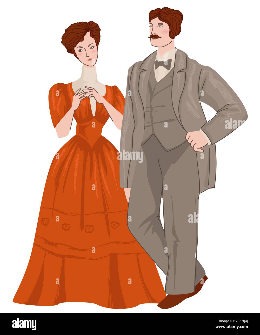 Männliche und weibliche Charaktere, die traditionelle Kleidung der Jugendstilzeit oder -Zeit tragen. Mann und Frau in Anzug und Kleid schlendern und gehen. Ehefrau und Ehemann im Kostüm. Vektor in abgewickelter Form. Mann und Frau, ein paar Vektoren der Jugendstilepoche Stock Vektor
