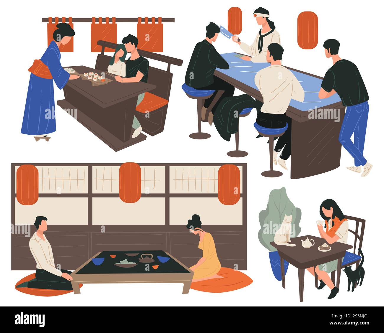 Japanisches Restaurant, das Sushi und Fisch für Gäste serviert. Menschen, die asiatische Küche essen, Charaktere bei Treffen oder Treffen. Tee-Zeremonie zu Hause, Mann und Frau. Mädchen im Café, Vektor im flachen Stil. Leute essen im chinesischen Restaurant, essen und trinken Stock Vektor