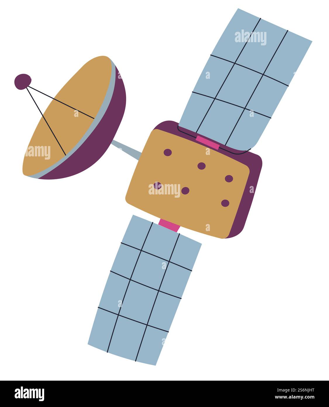 Signalempfänger, Satellit im Kosmos. Isoliertes Symbol des Raumschiffs mit Antenne für Verbindung und Netzwerk. Telekommunikationsausrüstung für die Informationsübertragung. Vektor in abgewickelter Darstellung. Satellit schwimmt im Kosmos, Empfänger des Signals Stock Vektor