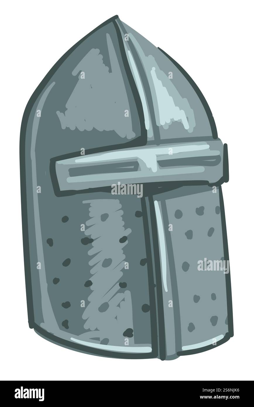 Ritterrüstung aus Metall, eiserner Helm mit Löchern. Isolierte historische Schutzmaske für Menschen, die in Schlachten kämpfen. Sicherheit und Schutz für Männer im Kampf, starkes Material. Vektor in abgewickelter Form. Mittelalterlicher Helm, Teil des Ritterpanzers Stock Vektor