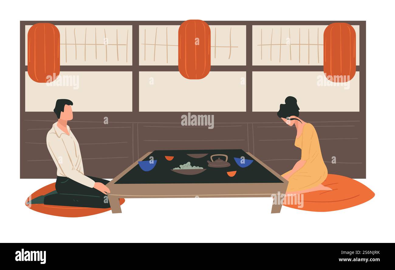 Teezeremonie im japanischen Restaurant oder zu Hause von Mann und Frau. Menschen, die am Tisch auf dem Boden sitzen, asiatische Küche und Traditionen in Gewohnheiten und Ernährung. Warme Getränke konsumieren, Vektor in der Wohnung. Traditionelle japanische Teezeremonie, Mann und Frau zu Hause Stock Vektor