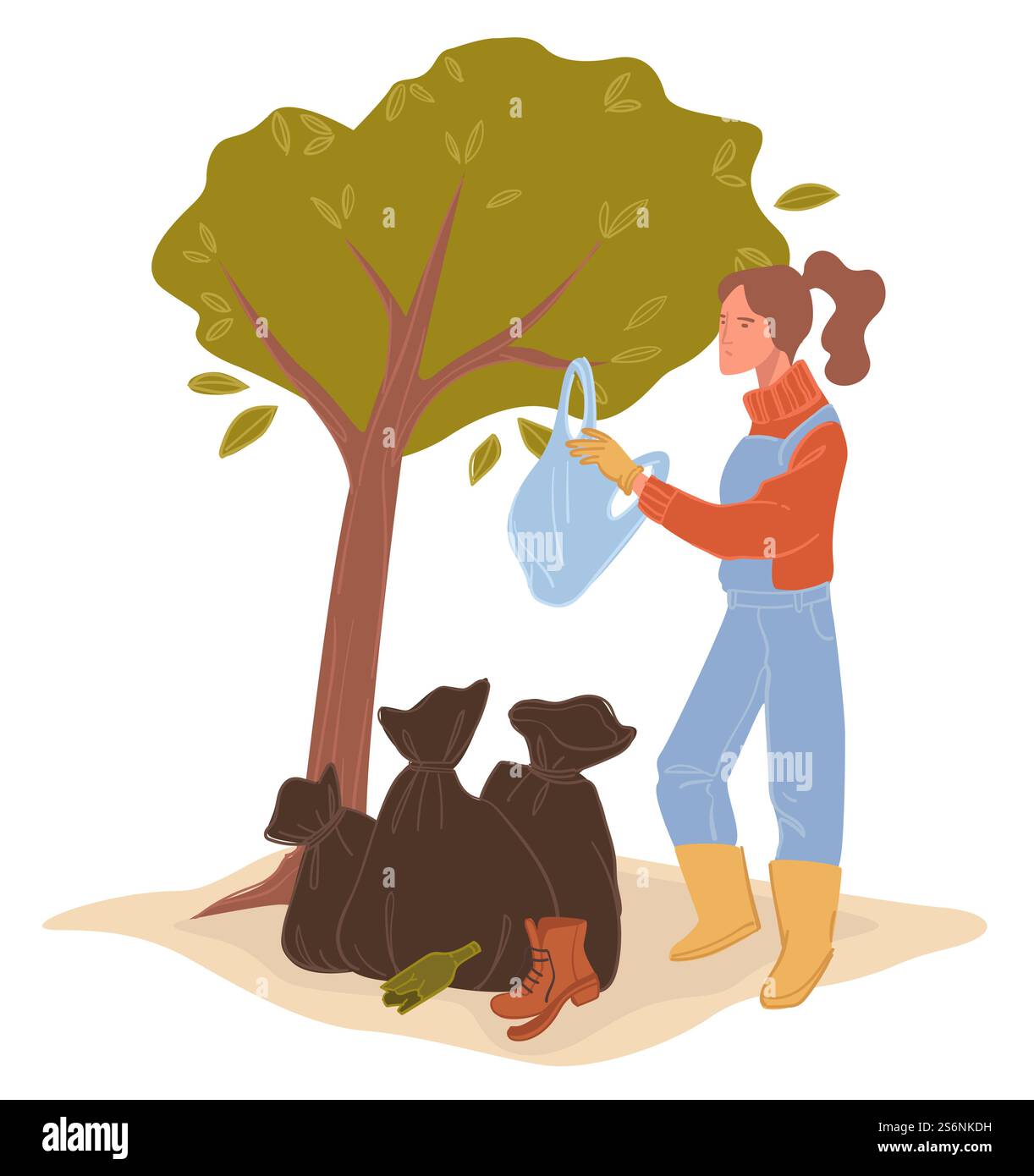 Frau, die Plastiktüten von Bäumen reinigt, weibliche Charaktere, die sich um Natur und Umwelt kümmern und schädliche Materialien loswerden. Erhaltung der Ökosysteme von Wäldern oder grünen Wäldern. Vektor in abgewickelter Form. Aktivistin, die sich um Naturreinigungsbeutel kümmert Stock Vektor