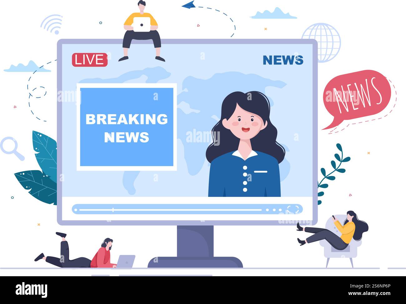 Breaking News Reporter Hintergrund Vektor Illustration mit Sender oder Journalist auf dem Monitor über Informationsvorfälle, Aktivitäten, Wetter und Ankündigungen Stock Vektor