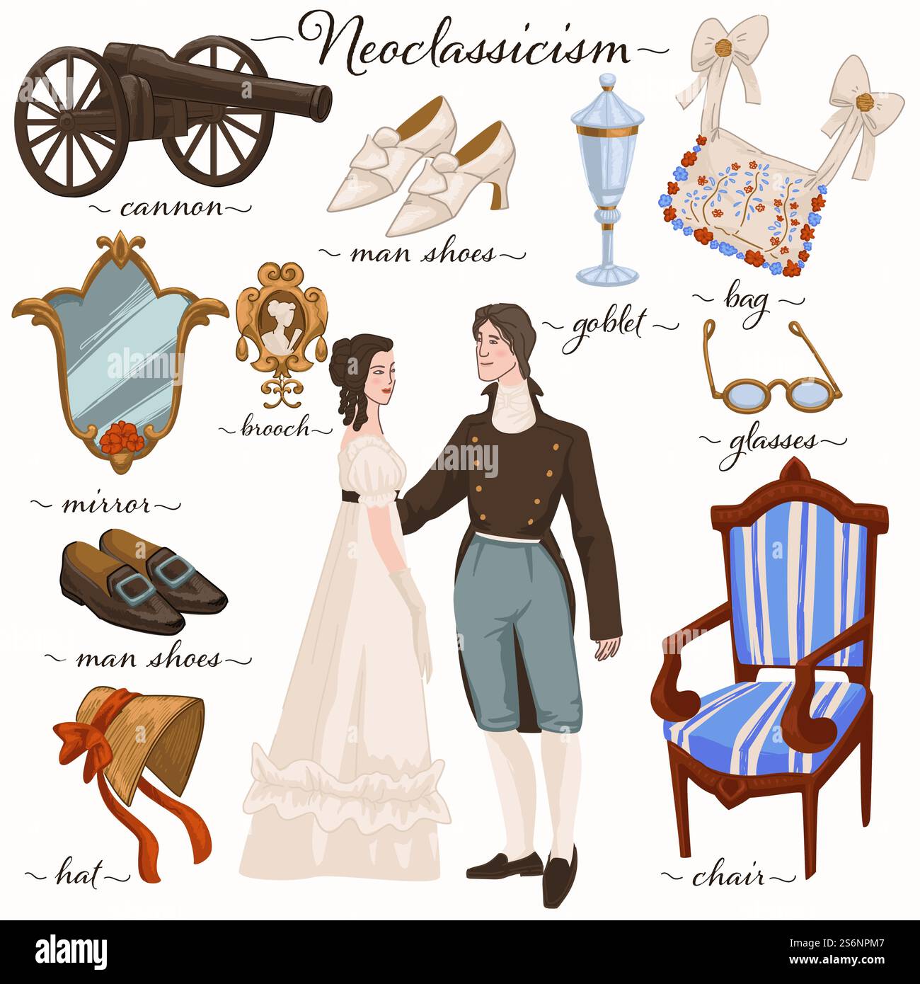 Das Zeitalter des Neoklassizismus bei Trachtenkleidern. Isolierte Möbel und Kulturobjekte. Spiegel und Schuhe, Hut und Brille, Becher und Handtasche, Stuhl und Waffe. Vektor in abgewickelter Form. Neoklassizismus Alter, Charaktere und Kulturobjekte Stock Vektor
