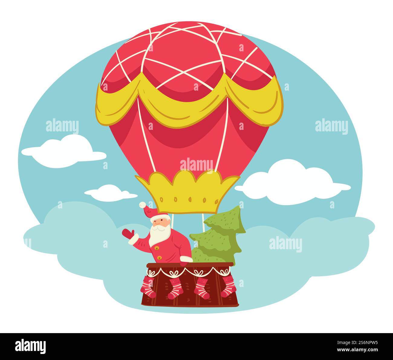 weihnachtsmann und Kiefer fliegen im Heißluftballon. Weihnachtsfeier, Grüße mit Winterferien. Großvater Frost und Fichte über Wolken. Weihnachtsfiguren im Luftschiff, Vektor in der Wohnung. Weihnachtsfiguren im alten Heißluftballon Stock Vektor