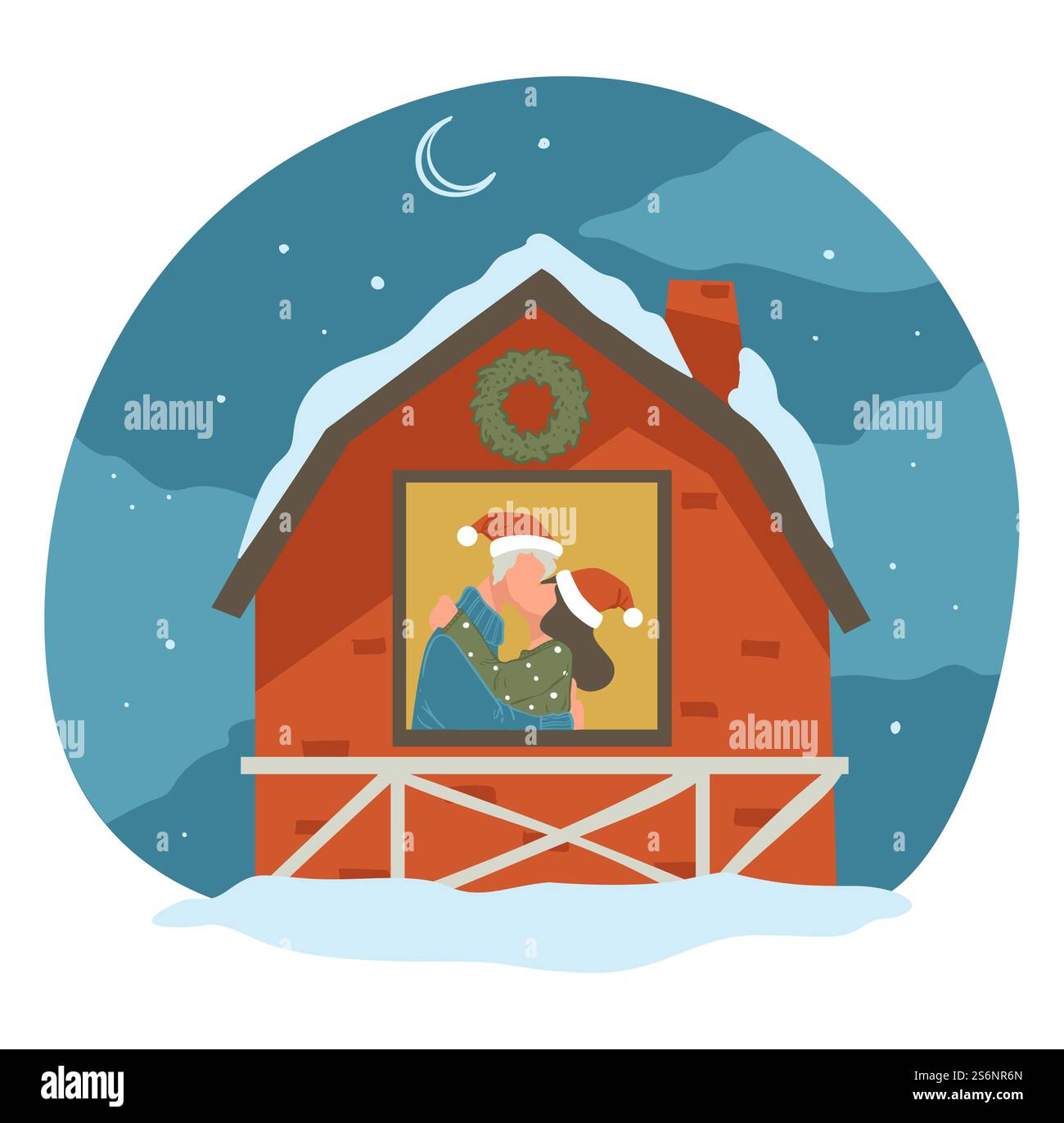 Ein Paar steht unter der Mistel und küsst sich. Mann und Frau zu Hause feiern weihnachten und Winterferien. Freund und Freundin in Beziehung, verschneite Haus außen, Vektor in flachem Stil. Mann und Frau küssen sich an Weihnachten unter der Mistel Stock Vektor