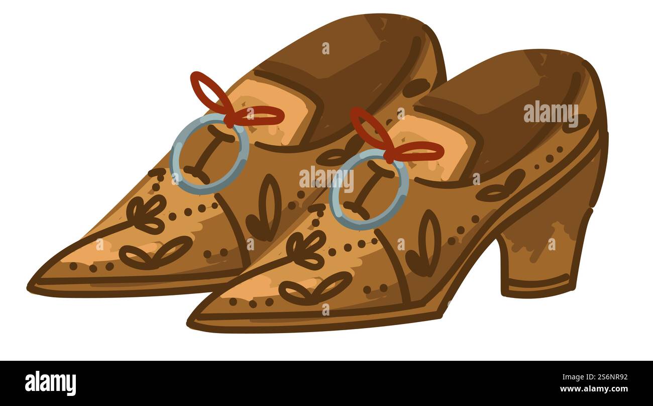 Vintage-Schuhe für Damen mit Ornamenten und Dekorationen, Schuhe auf High Heels für Damen. Isolierte Kleidung und Accessoires für Frauen, Outfit und Kleidung von Mädchen, Retro-Kleidung. Vektor in der Ebene. Retro-Damenschuhe auf High Heels mit Verzierung Stock Vektor