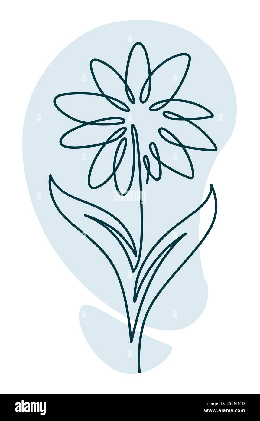 Minimalistische abstrakte Blumenzeichnung in durchgehender Strichkunst. Uber die Kontur der Flora mit Stamm und Blättern. Natur und ökologisch-romantische Botanik. Emblem oder Etikett, isoliertes Farbsymbol. Vektor in abgewickelter Form. Blume in Blüte mit Blättern und Blütenblättern Strichkunst Stock Vektor