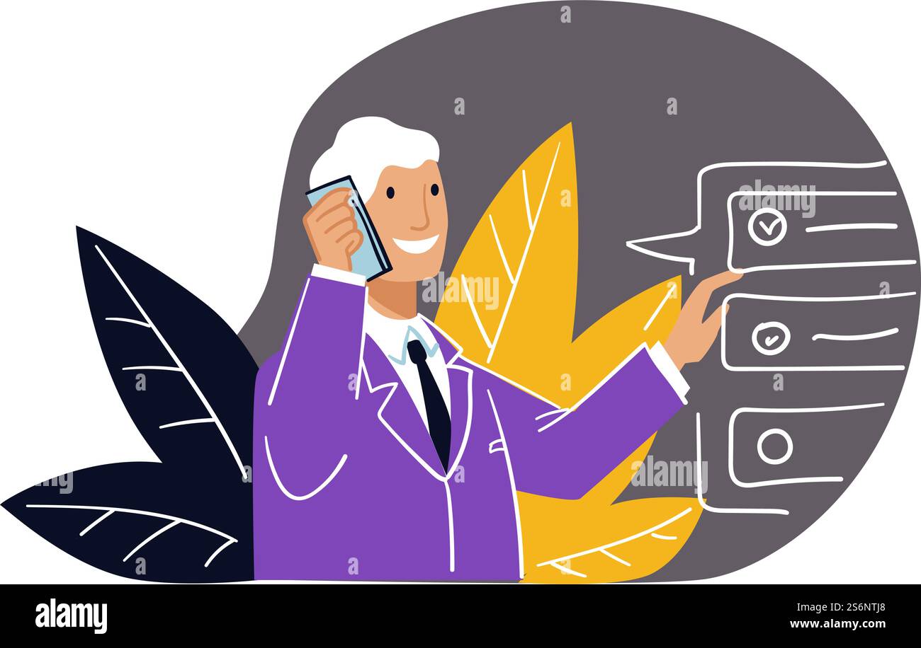 Geschäftskommunikation im Büro, Unternehmensleiter oder Vorgesetzter telefonisch mit Kunden oder Kollegen. Diskussion von Problemen und Verbesserungen, Telekommunikation online. Vektor in abgewickelter Form. Chef des Führers telefoniert, Geschäftskommunikation Stock Vektor