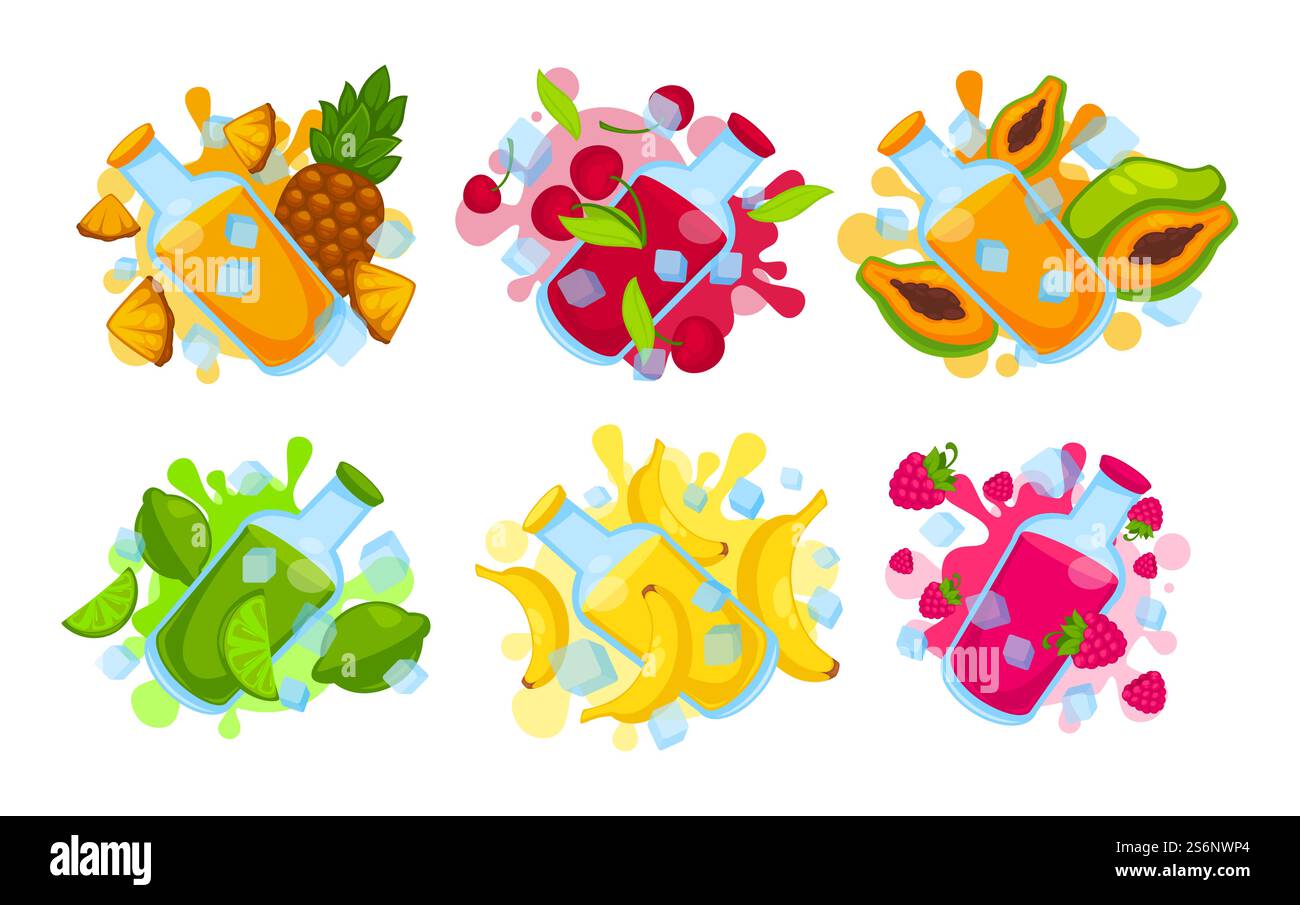 Set mit Elementen frische Fruchtsäfte in Flaschen. Reife köstliche Früchte, Vektor-Illustration. Rohstoffe für die Herstellung von Saft und Entgiftung, Zeichentrickfilm. Zutaten für ein frisches Vitamingetränk. Set mit Elementen frische Fruchtsäfte in Flaschen. Stock Vektor