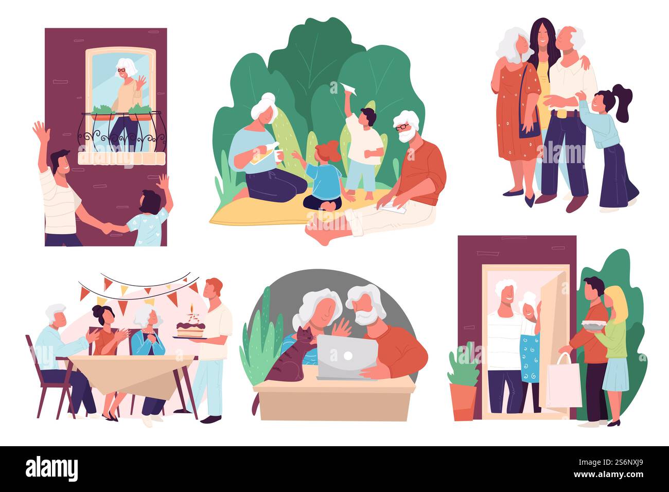 Alte Leute, die Zeit mit Familie und Kindern verbringen. Großmutter und Großvater spielen mit Enkeln. Kinder, die Eltern besuchen und zu Hause den 75. Geburtstag des Großvaters feiern. Vektor in abgewickelter Form. Ältere Menschen, die Zeit mit der Familie verbringen Stock Vektor