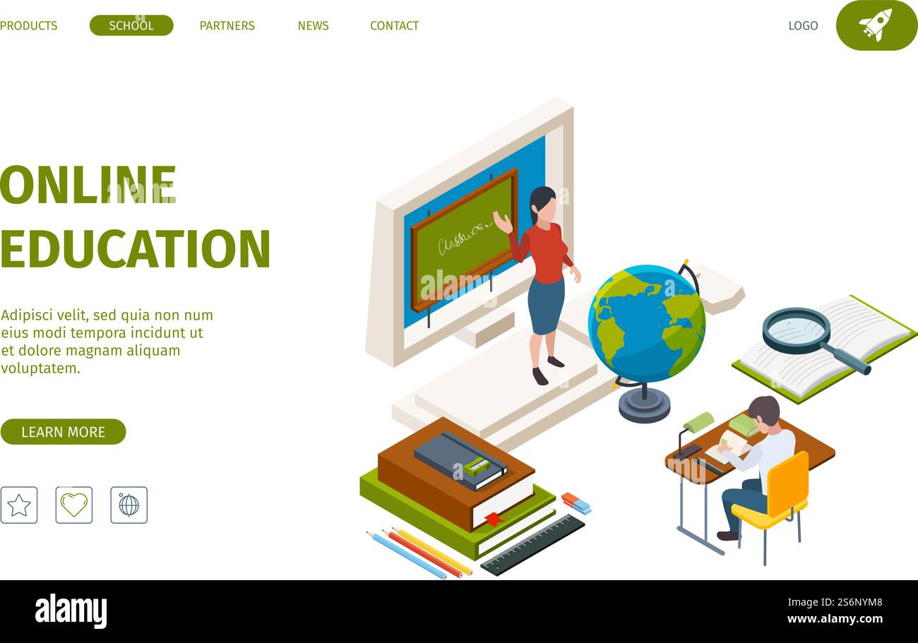 Online-Bildungslandung. Lernprozesse Lernprozesse Trainingsprozesse Fernkurse Vektor-Isometrische Webseite Vorlage für Studenten. Online-Ausbildung, Universitätsstudium Online-Illustration. Online-Bildungslandung. Wissenslernprozesse Trainingsprozesse Fernkurse für isometrische Webseitenvorlagen für Schüler-Vektor Stock Vektor