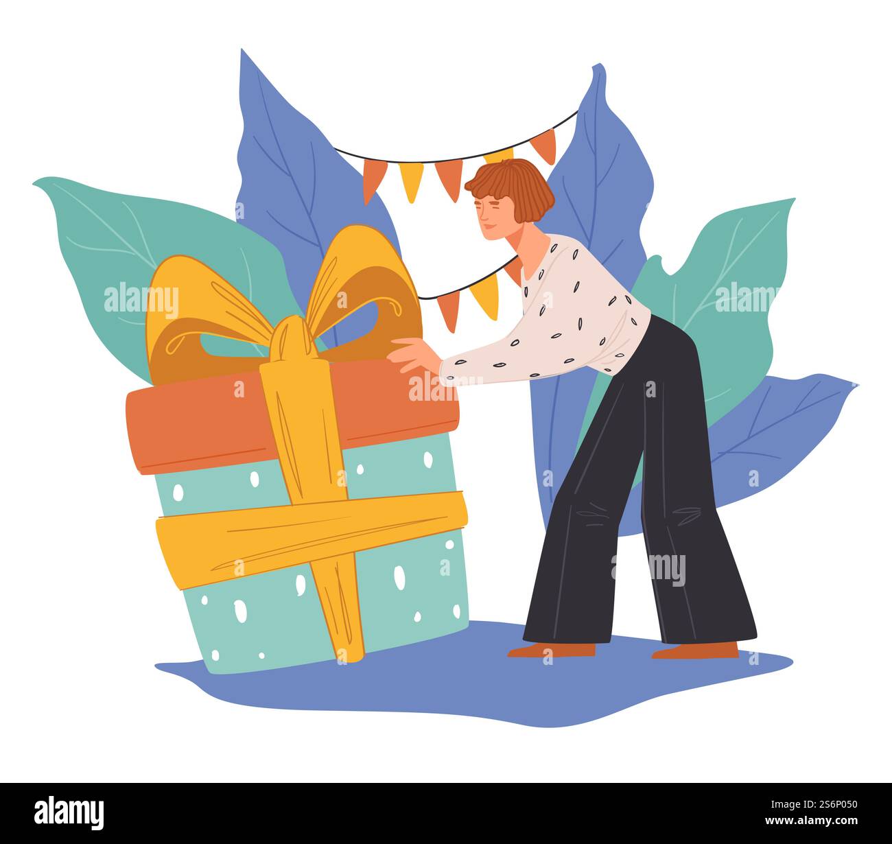 Weiblicher Charakter mit großem Geschenk in Verpackung und dekorativer Schleife. Frau, die ein Geschenk für einen besonderen Anlass oder eine besondere Veranstaltung vorbereitet. Feiern und Feiern, Glückwünsche und Begrüßung. Vektor in der Ebene. Mädchen mit Geschenk zum Geburtstag, Dame mit Geschenk Stock Vektor