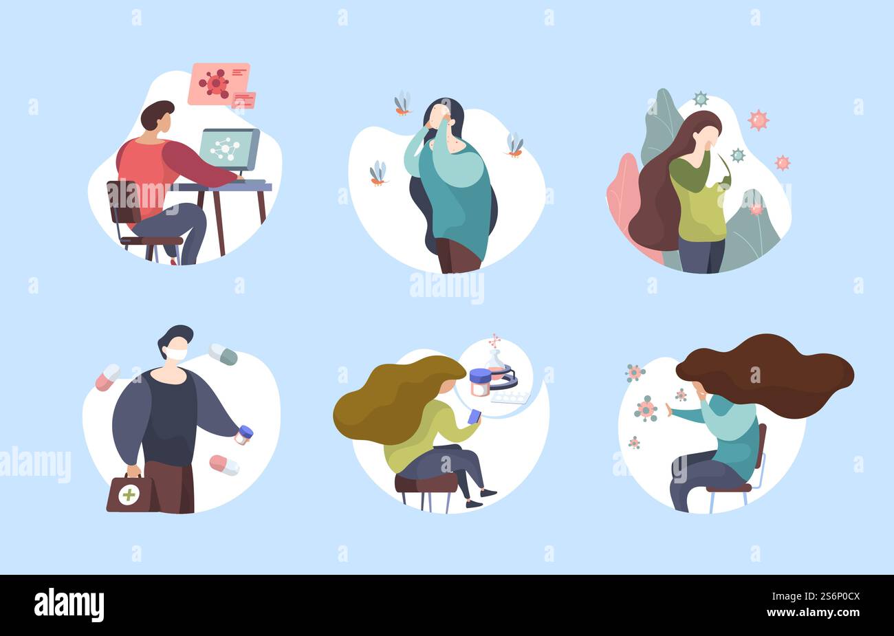 Allergiesymptome flach. Krankheit Menschen Allergie Reaktion Medizin Hilfe Atemwegserkrankungen Symbole grell Vektor Illustrationen. Reaktion allergisch, Allergen krank, Allergiekrankheit. Allergiesymptome flach. Krankheit Menschen Allergie Reaktion Medizin Hilfe Atemwegserkrankungen Symbole grell Vektor Illustrationen Stock Vektor