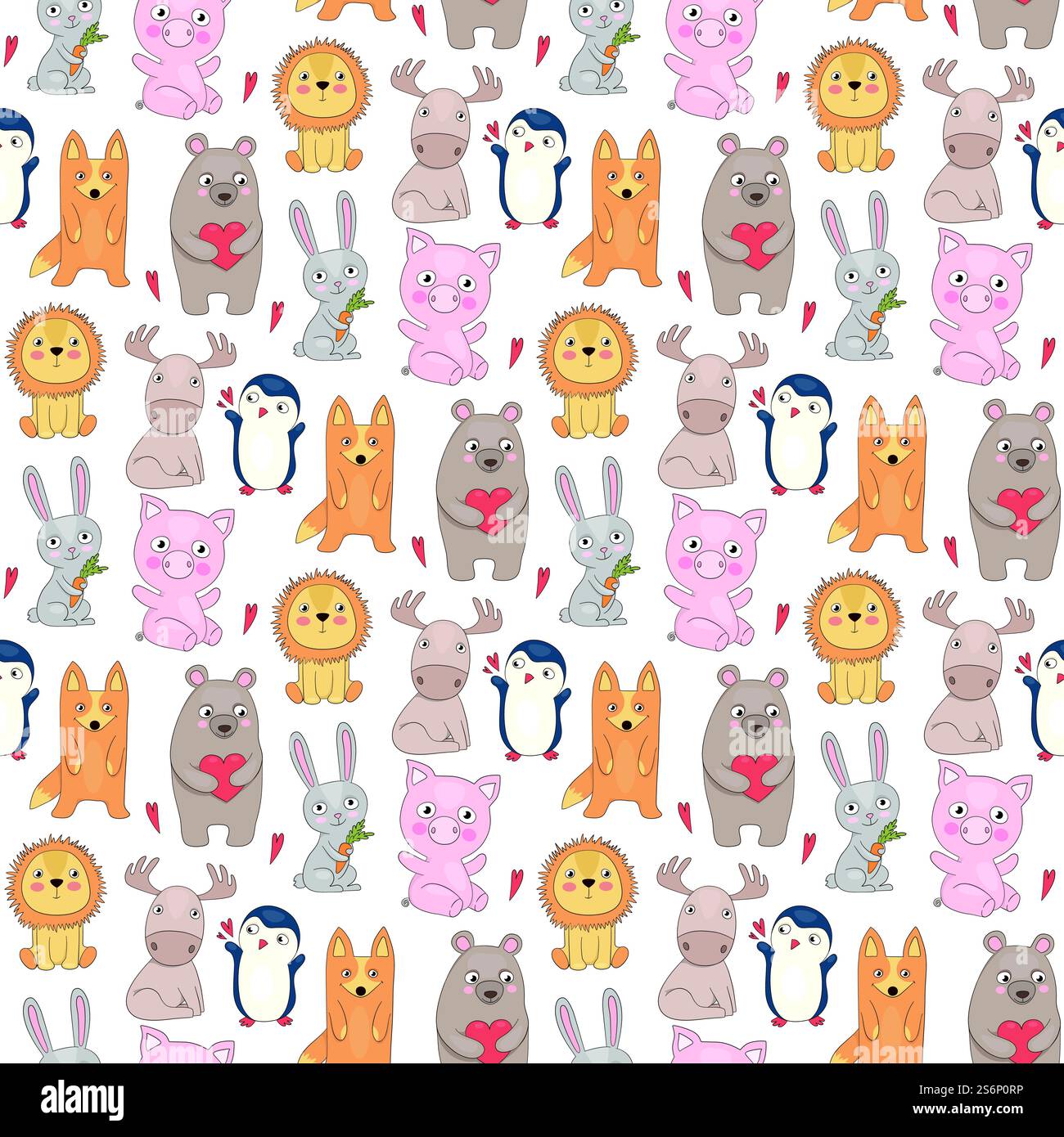Tiermuster. Zeichnung Drucke mit niedlichen wilden Tieren monochrome Stil Vektor nahtloser Hintergrund für Kinder. Muster nahtloses Schwein und Löwe, Vogel und Bär mit Herz-Illustration. Tiermuster. Zeichnung Drucke mit niedlichen wilden Tieren monochrome Stil Vektor nahtloser Hintergrund für Kinder Stock Vektor
