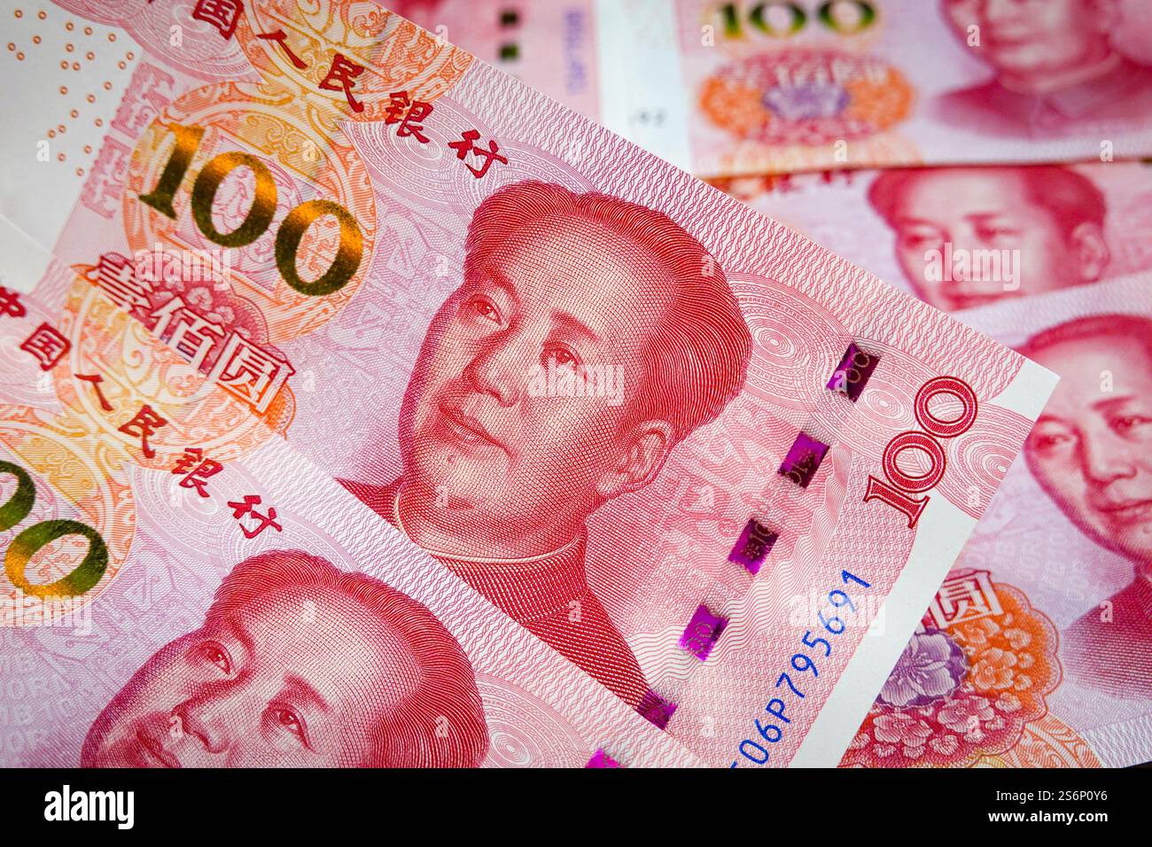 China. Januar 2025. In dieser Abbildung sind einige Renminbi-Banknoten mit einem Nennwert von 100 Yuan auf einem Tisch zu sehen. (Foto: Sheldon Cooper/SOPA Images/SIPA USA) *** ausschließlich für redaktionelle Nachrichten *** Credit: SIPA USA/Alamy Live News Stockfoto