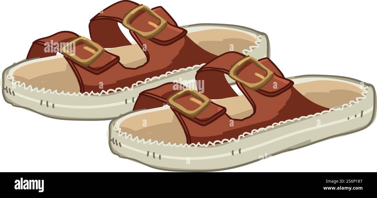 Modische und trendige Schuhe für Safaribekleidung und -Outfits. Isolierte Schuhe, Sandalen mit Riemen und Verschlüssen, bequemer Tragekomfort für jeden Tag. Zubehör und Look. Vektor in abgewickelter Form. Sandalen im Safari-Stil, modische Kleidung Stock Vektor